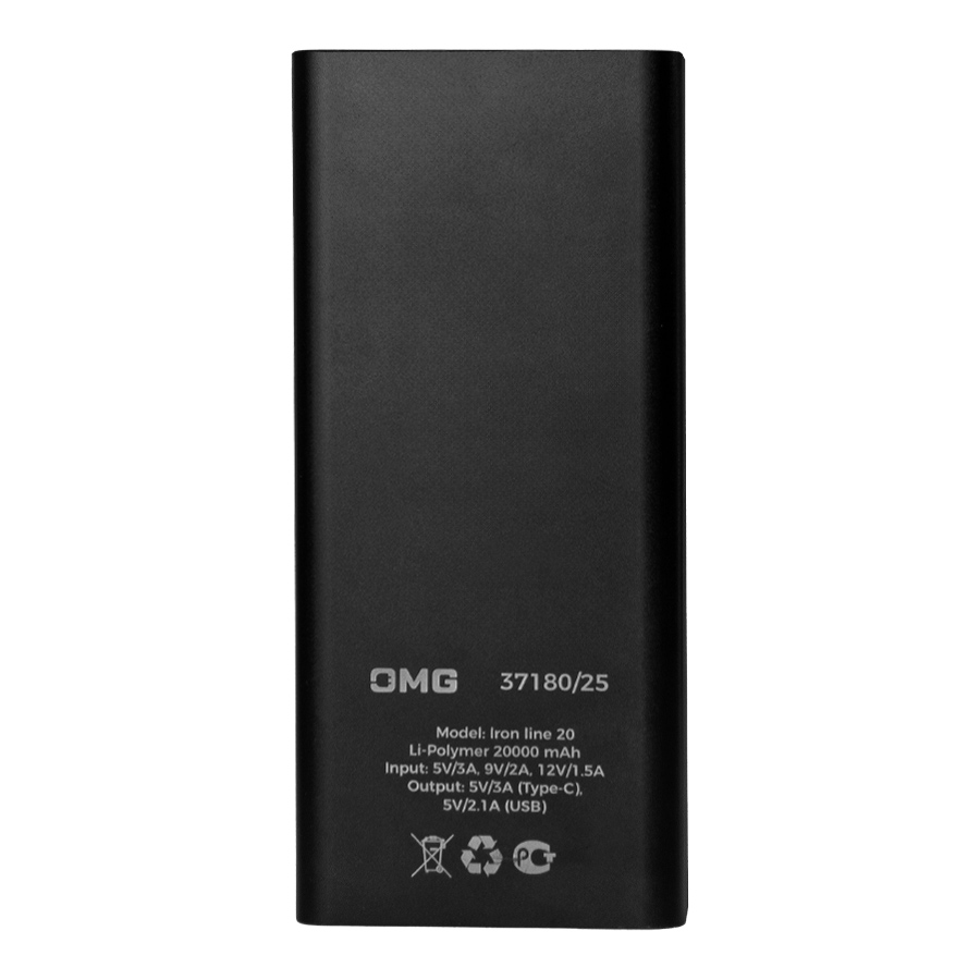 Универсальный аккумулятор OMG Iron line 20 (20000 мАч), металл, черный, 14,7х6