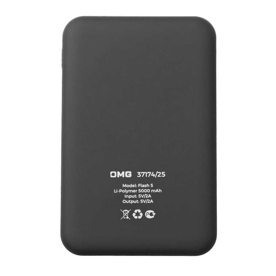 Универсальный аккумулятор OMG Flash 5 (5000 мАч) с подсветкой и soft touch, черный, 9,8х6