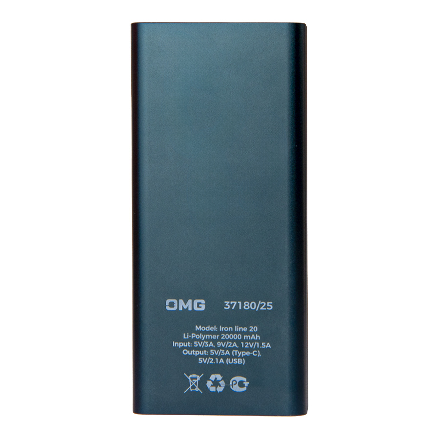 Универсальный аккумулятор OMG Iron line 20 (20000 мАч), металл, синий, 14,7х6