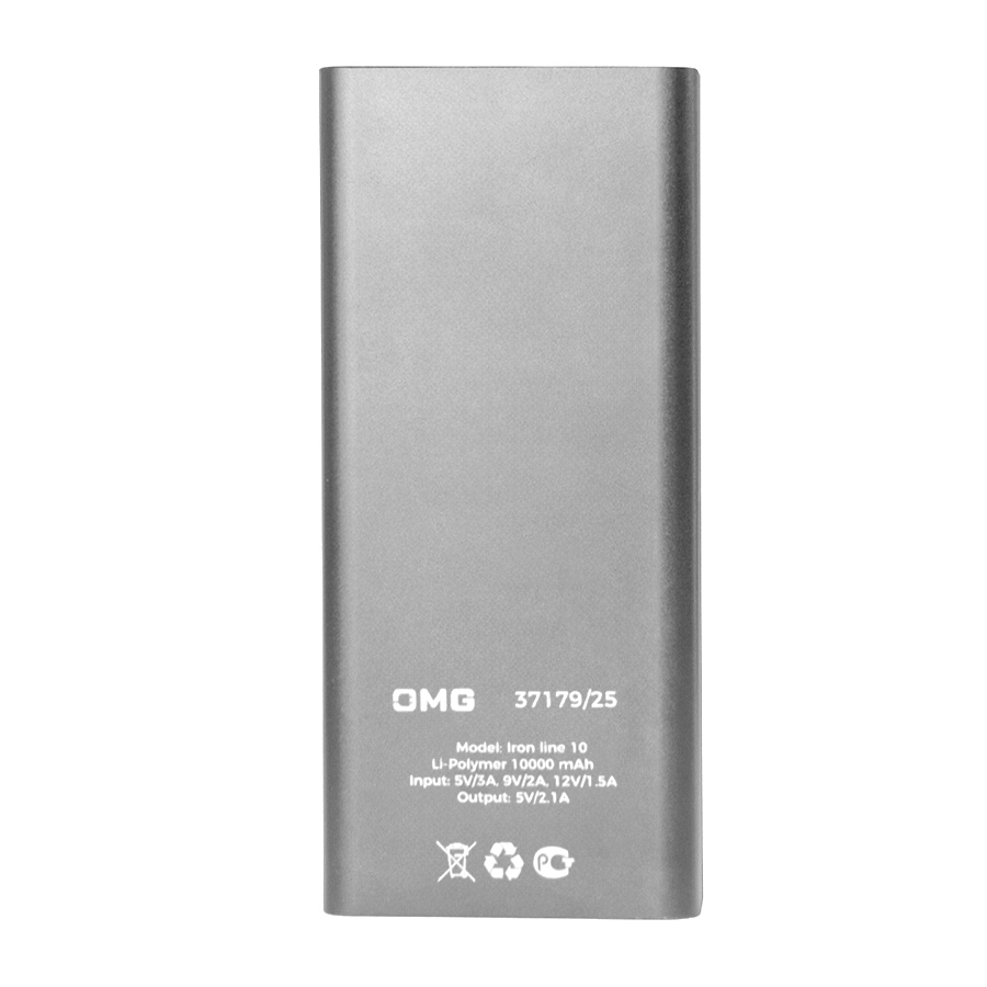 Универсальный аккумулятор OMG Iron line 10 (10000 мАч), металл, серебристый, 14,7х6