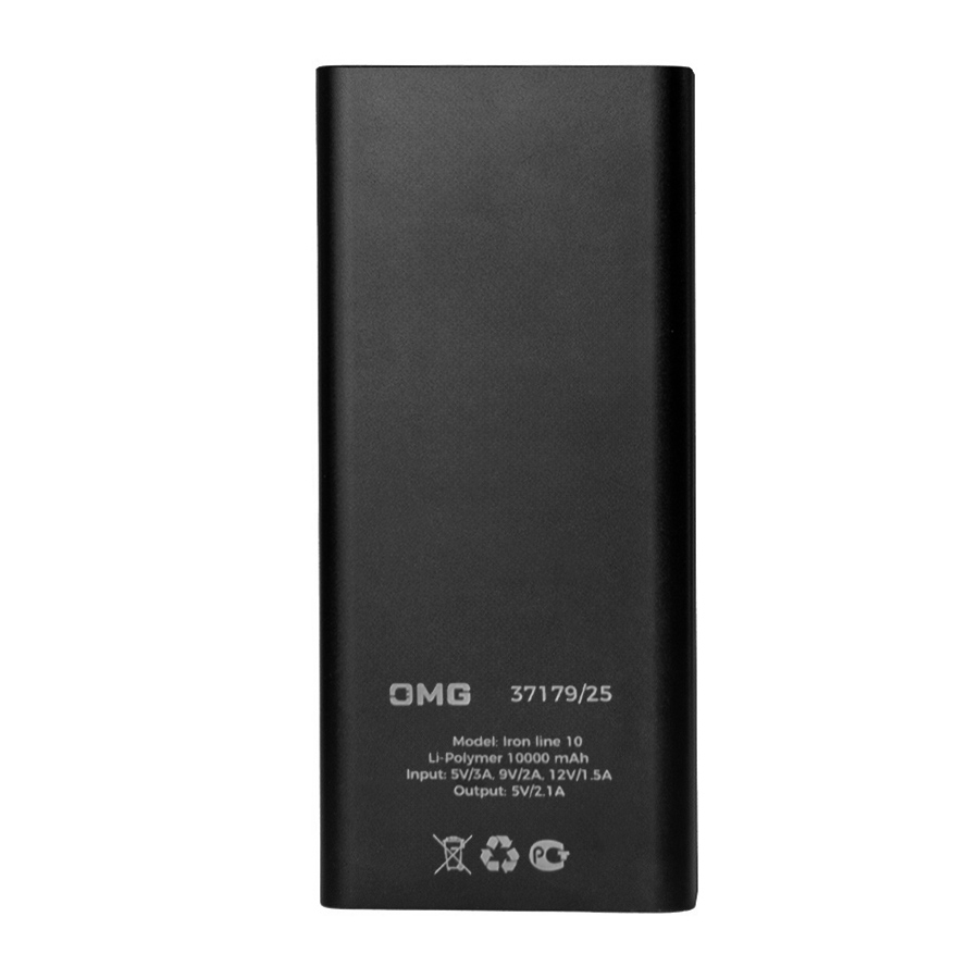 Универсальный аккумулятор OMG Iron line 10 (10000 мАч), металл, черный, 14,7х6