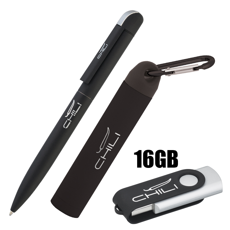 Набор ручка + флеш-карта 16Гб + зарядное устройство 2800 mAh в футляре