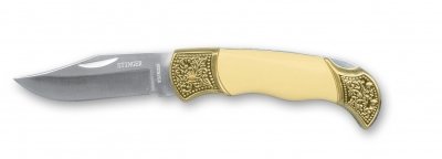 Нож складной Stinger, 80 мм (золотистый), рукоять: сталь/пластик (серебристо-белый), короб