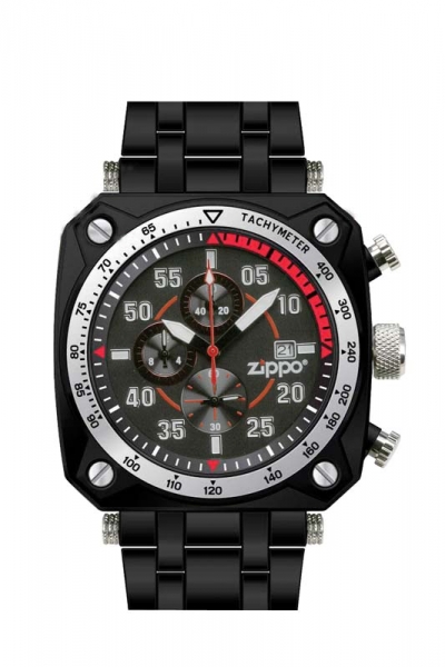 Часы кварцевые ZIPPO Sport, 45,5 мм, чёрные циферблат и браслет из нерж
