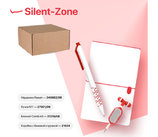 Набор подарочный SILENT-ZONE: бизнес-блокнот, ручка, наушники, коробка, стружка, бело-красный