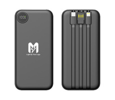 Зарядное устройство "Форт" 10000 mAh с подсветкой логотипа, встроенными кабелями и цифровым индикатором заряда