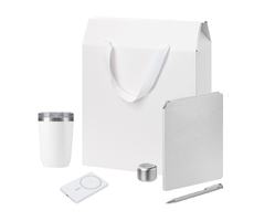 Подарочный набор Велком Пак Премиум (Welcome Pack Premium), серебряный (термокружка, колонка, ежедневник, ручка, ЗУ, коробка-пакет)